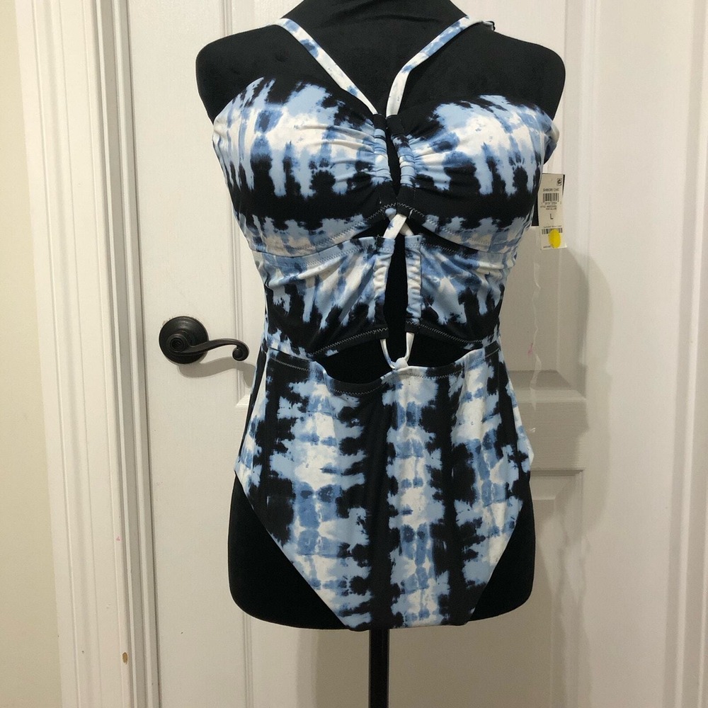 Bar III Shibori Chic One Piece Swimsuit Blue Black Tie Dye Cutout MBSC23602 L‎
